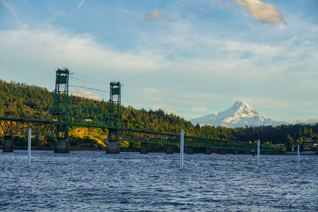 Mount Hood behind the bridge in Hood River oregon