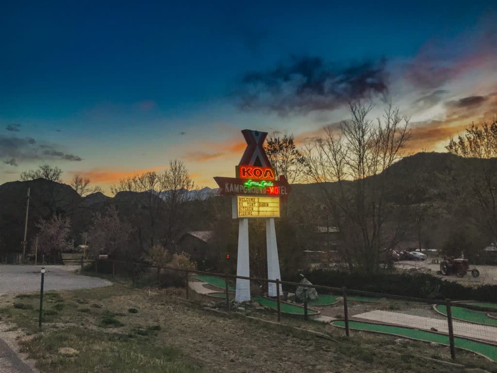 KOA sign at sunset