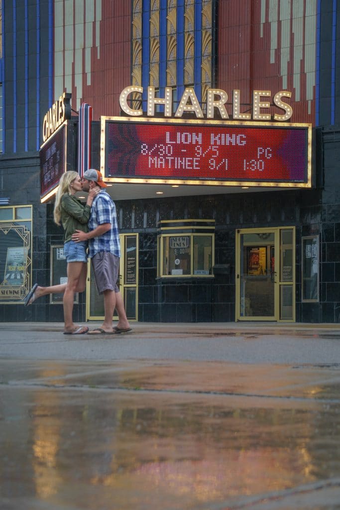 Couple outside charles city theater