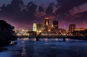 Downtown Des Moines Iowa city lights night photo