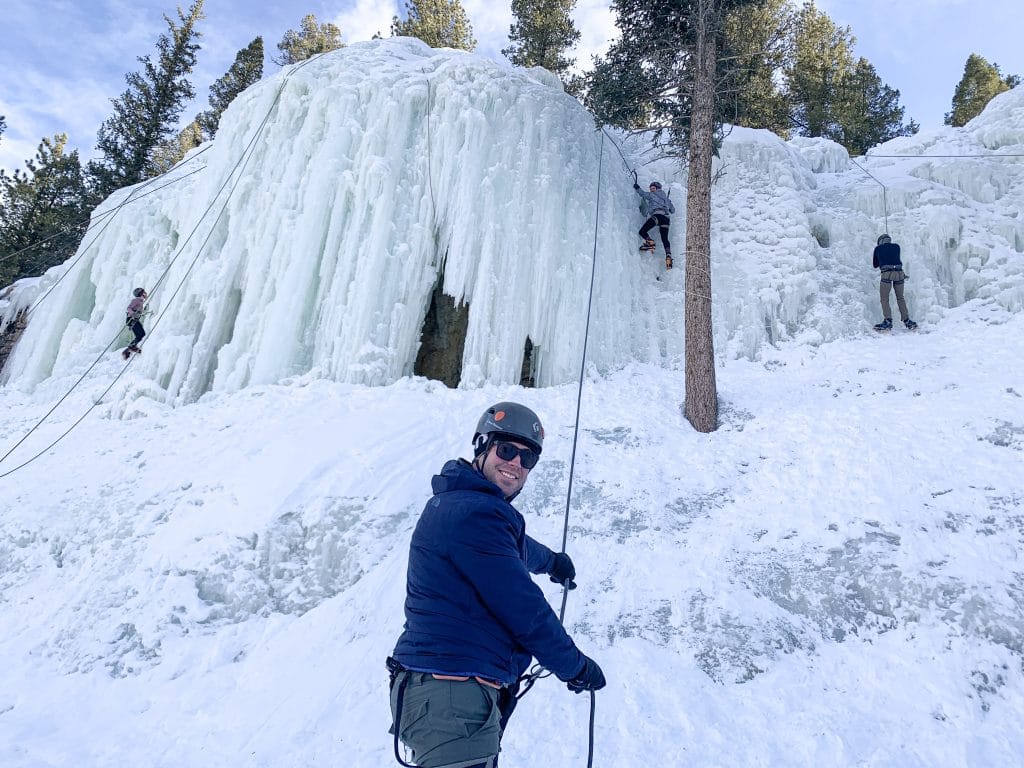 Couple ice climing