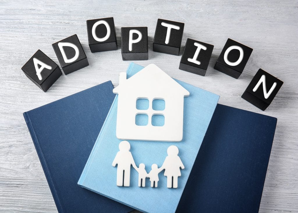 letters that spell out the word adoption over a house and stick figure family