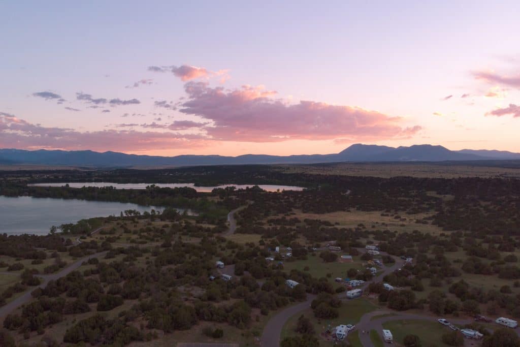 sunset with mountain and lake views at Lathrop State Park in Colorado