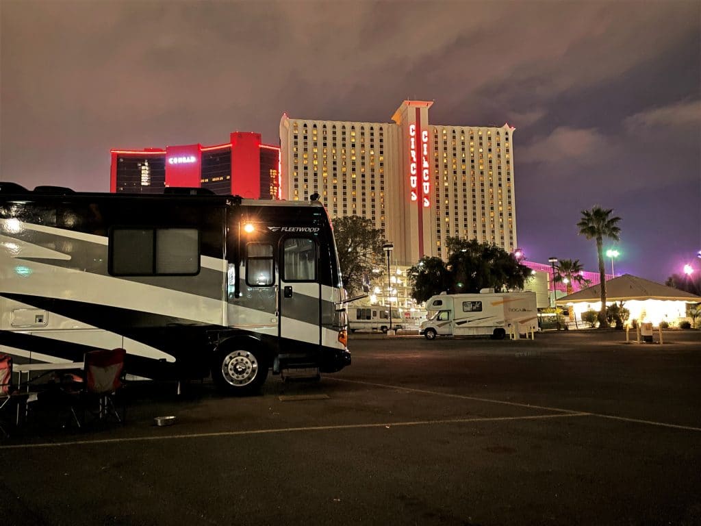 Motorhome parked in RV parking lot at Circus Circus casino in Las Vegas