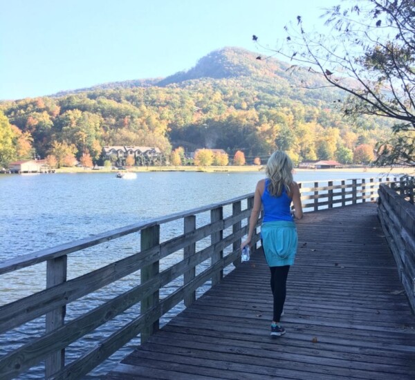 Lindsay walking the boadwal at Lake Lure, North Carolina