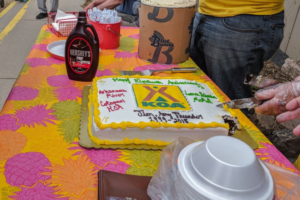 Cake and Ice Cream to celebrate Cotopaxi KOA's Anniversary KOA cake and ice cream celebration