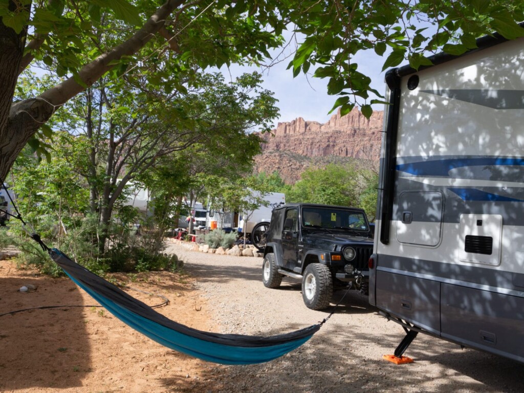 Our home for the weekend! Moab KOA camp site with RV jeep and hammock